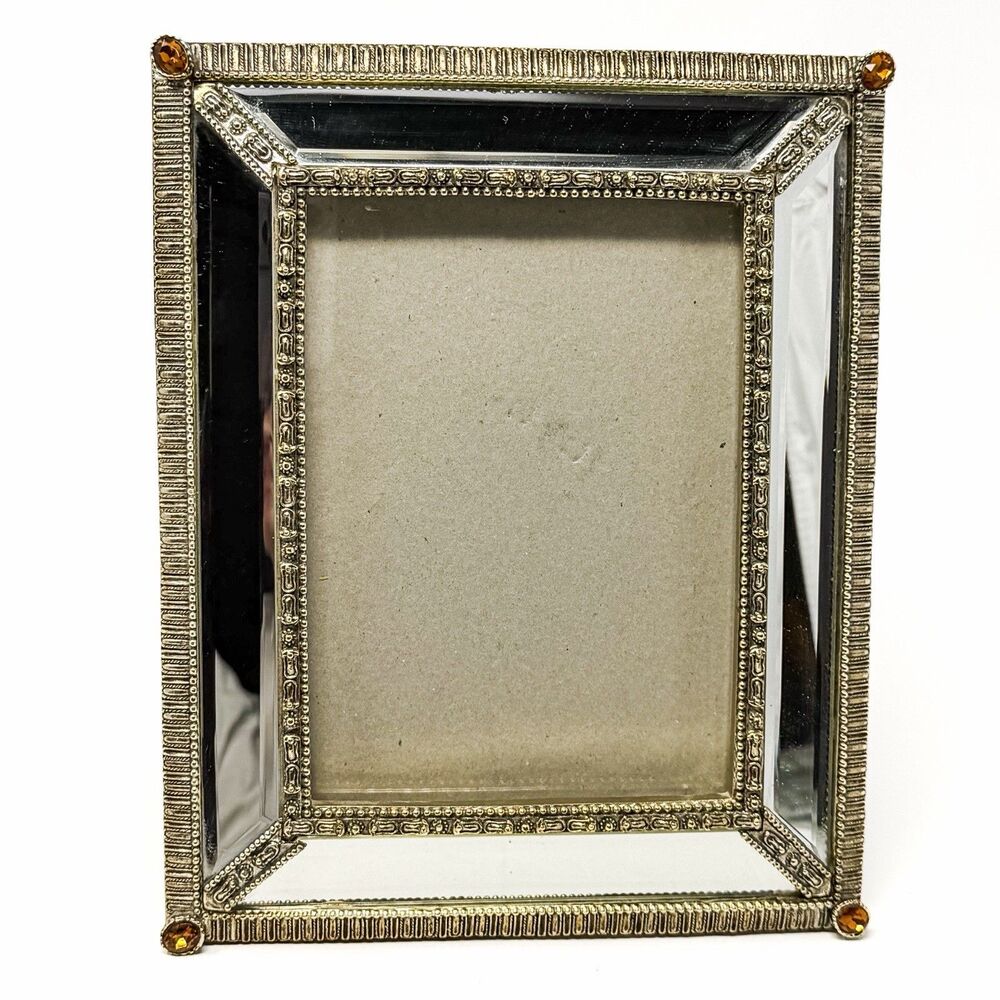 Mirrored Tabletop Picture Frame with Amber Colored Rhinestones 5x7
